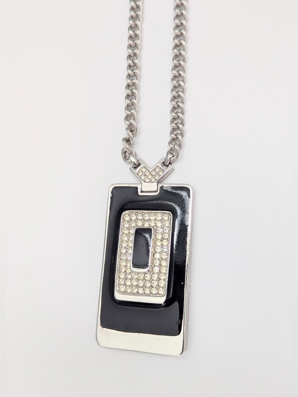Unisex Designer-Style Black & Silver-Tone Crystal Pendant Necklace w/Thick Chain